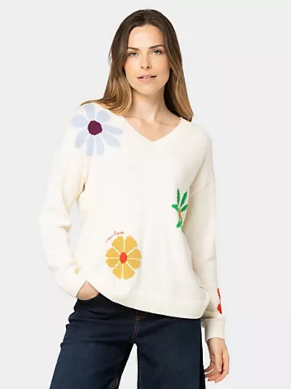 Peace Love World Garden Party Motif Cotton V-Neck Sweater, Pristine Sz S a726298